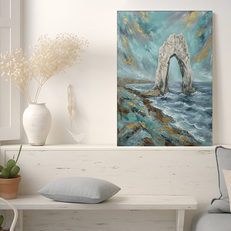 «Grey Stone Arch in Turquoise Sea and Gold Clouds», art mural sur toile, H 24 po x l 36 po