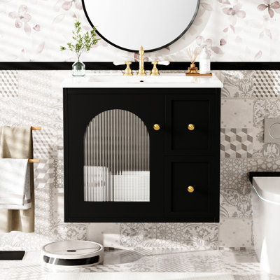 Ensemble de meuble-lavabo mural 24 po pour petit espace, armoire de salle de bain avec lavabo en céramique, 2 tiroirs et 1 porte à fermeture en douceur