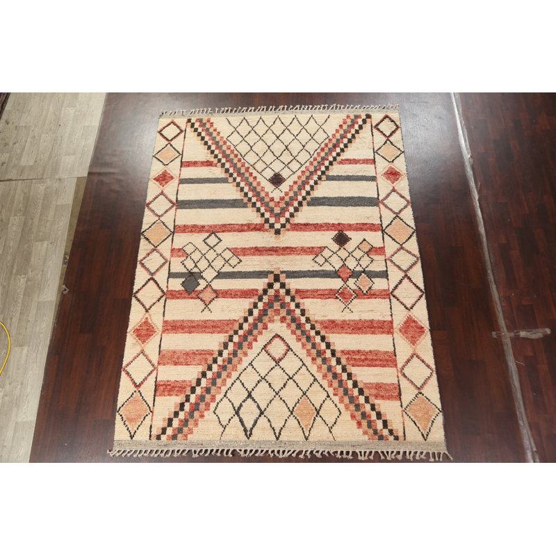 Tapis beige en laine noué à la main de conception unique 8 pi 0 po x 10 pi 9 po marocain