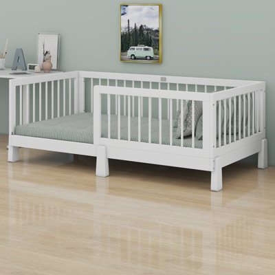 Kids daybed frame with guardrails, sturdy 3-in-1 Montessori floor bed to platform design