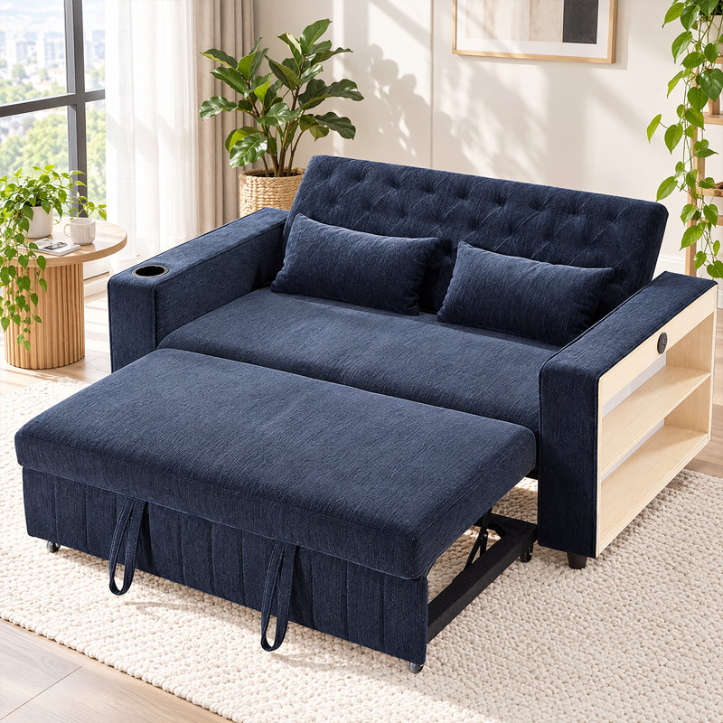 61" Convertible Pull-Out Sleeper Sofa Bed – Modern Loveseat With Adjustable Backrest & Built-In Storage, Blue
