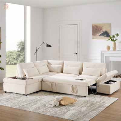 Modular Sectional Pull-out Sofa Bed with Adjustable Armrest and Dual-Use Storage Ottoman, Perfect for Small Spaces and Modern Living