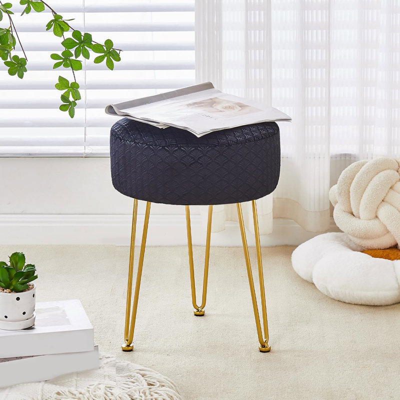 Vanity Accent Stool with Metal legs, Noir