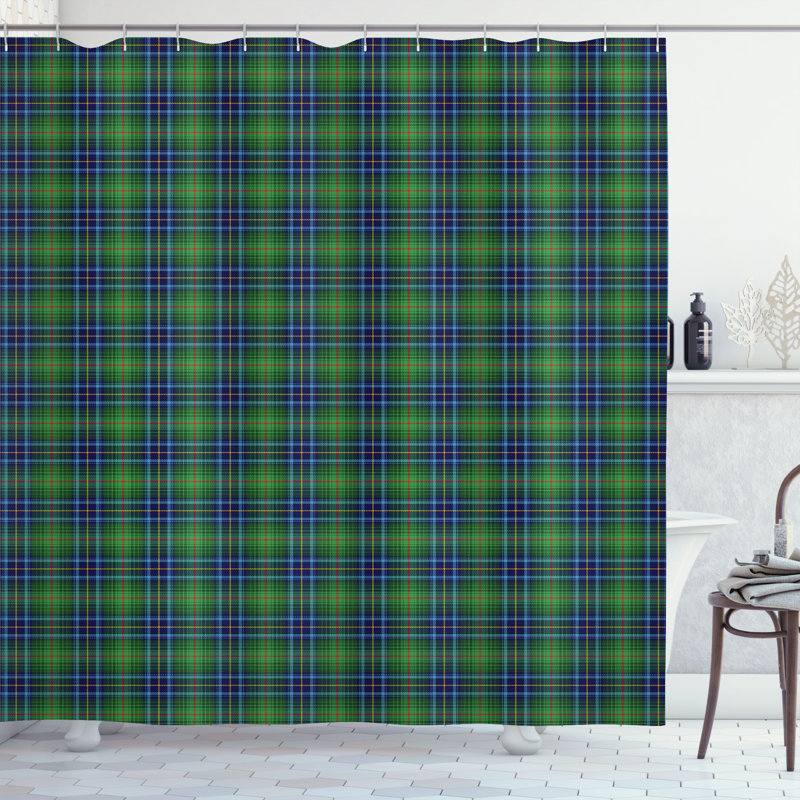 Plaid Shower Curtain with Hooks Included, Green, 70" H x 69" W