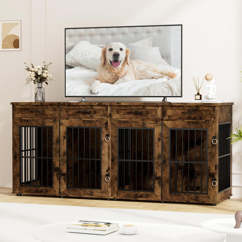 86.7" Double Dog Crates Furniture, Large Farmhouse Dog Kennel With 4 Drawers As Tv Stand, Heavy Duty Dog Cage For 2 Large Dogs