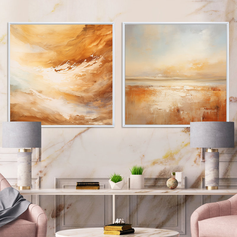 Beige Sandy Clouds Horizon I - ensemble de 2 nuages carrés, Cadre flottant blanc, H 30 po x l 61 po