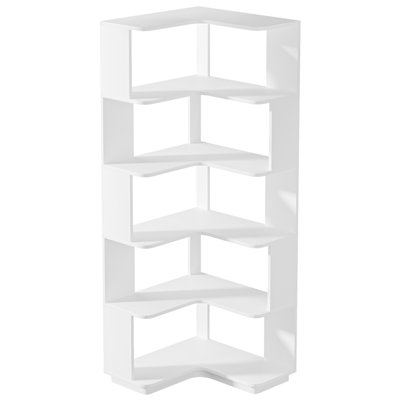 Bibliothèque de coin 64,96 "de haut à 6 niveaux, bibliothèque industrielle en forme de L de 64,9 pouces de hauteur avec panneau anti-chute, étagère de rangement autoportante en grain de bois blanc pour bureau à domicile