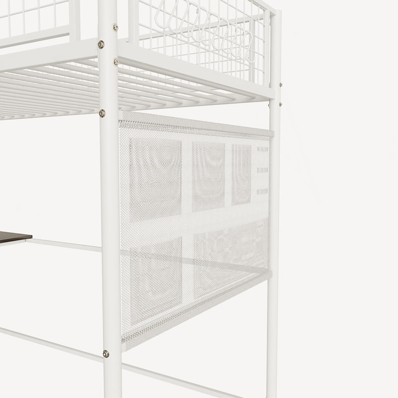 Lit mezzanine en métal avec chambre à coucher et dortoir, avec station de charge intégrée et éclairage DEL, Lit simple, Blanc