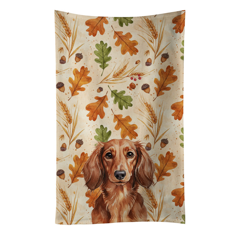 Longhaired Red Dachshund Heirloom Fall Kitchen Towel, Longhaired Red Dachshund