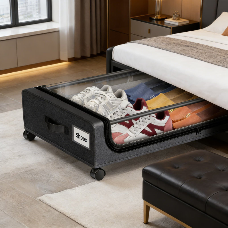 Under Bed Storage Containers With Wheels, 2-Pack XXL Rolling Storage Bins With Clear Lid And Lockable Wheels For Clothes, Shoes, And Seasonal Items