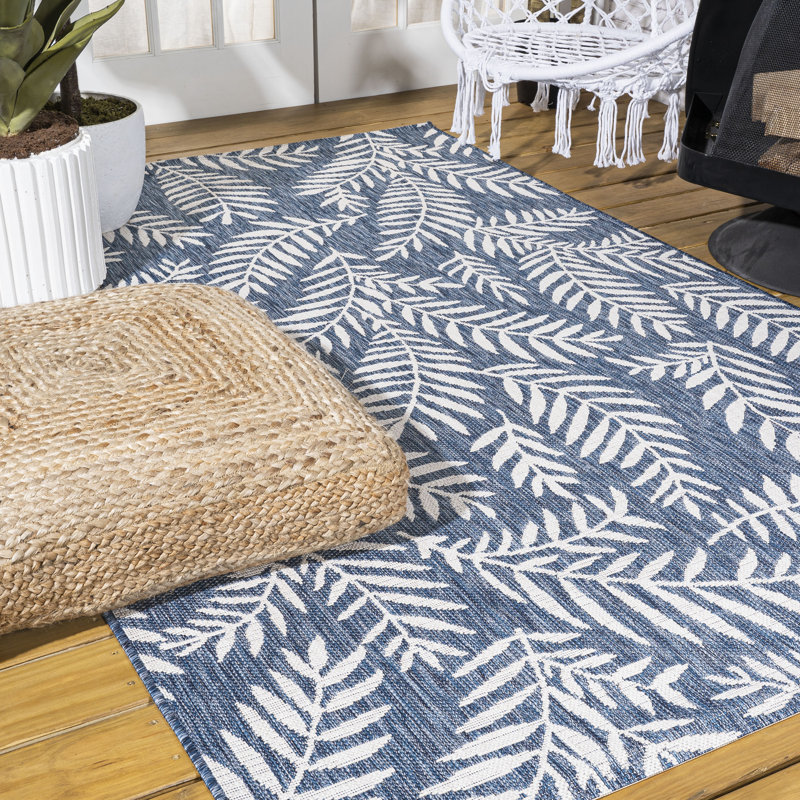 Mechling Nevis Palm Frond Navy/Ivory Indoor/Outdoor Rug, Rectangle 10' x 14'