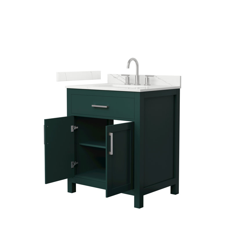 Meuble-lavabo simple autoportant 30 po avec plateau en quartz Beckett, Vert, Nickel brossé, Quartz Giotto