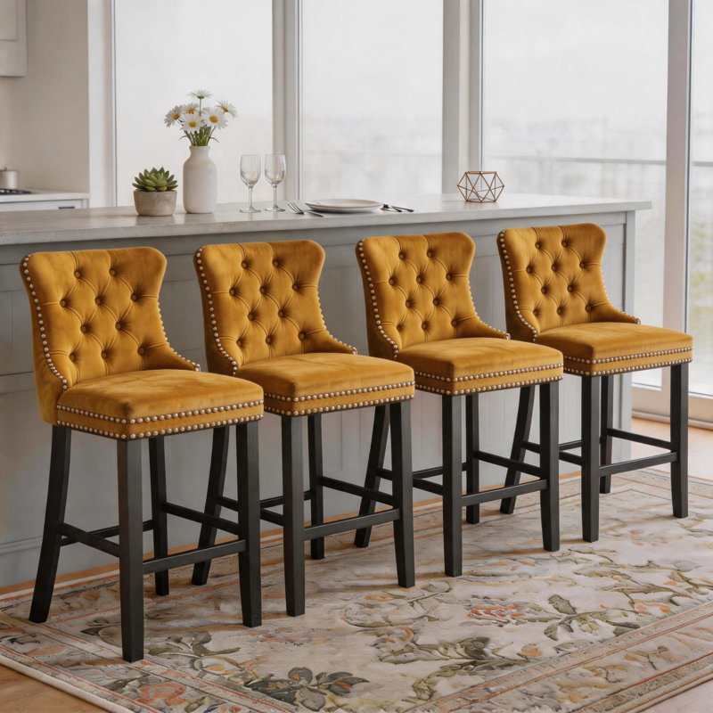 Contemporary Counter Height Velvet Bar Stools (Set of 8), Jaune