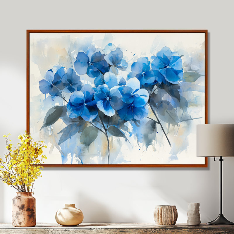 Jadaiah hortensia comme coups de pinceau I - hydrangées grand art mural, H 34 po x l 44 po, Impression encadrée flottante