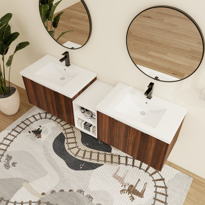 Meuble-lavabo mural double 72 po Jenneen, Brun, 71"
