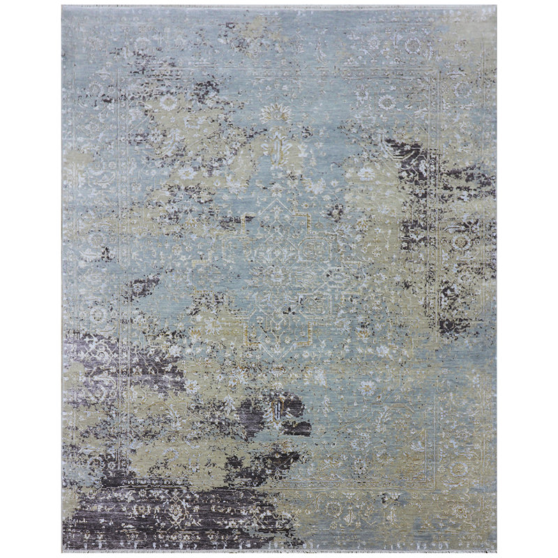Tapis bleu / jaune / noir noué à la main de haute qualité, Rectangle 8 pi x 10 pi