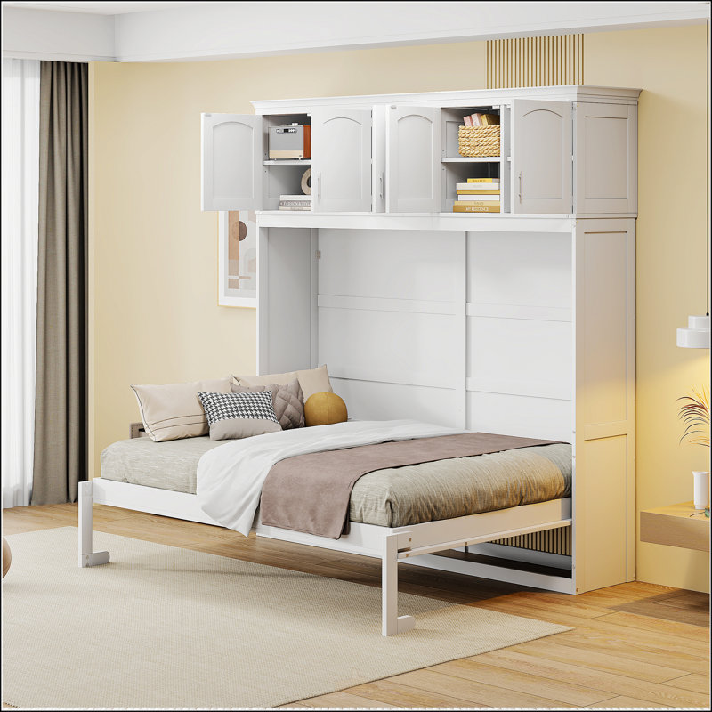 Lit escamotable double avec armoires supérieures, Lit double, Blanc