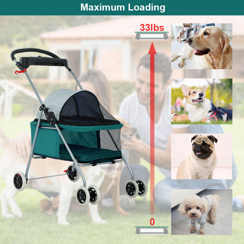 Teal Foldable Pet Stroller with Mesh Windows and Cup Holder