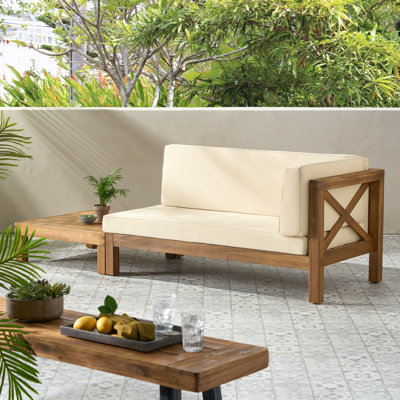 Seana Outdoor Acacia Wood Loveseat And Coffee Table Set With Cushion