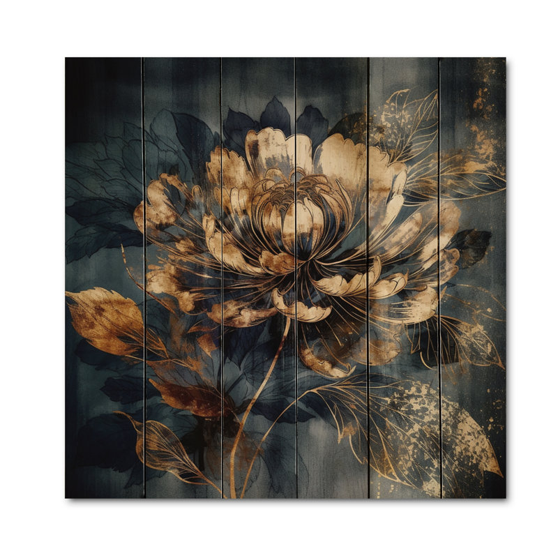 Fleur d'œillet bleu et or III sur bois, H 15 po x l 15 po x P 0,78 po