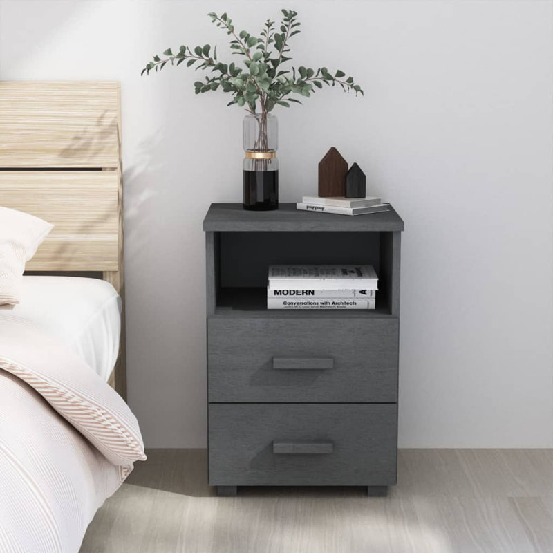 Hamar Nightstand Storage Bedside Cabinet Nightstand with 2 Drawers Pine Wood, Dark Gray, Individual