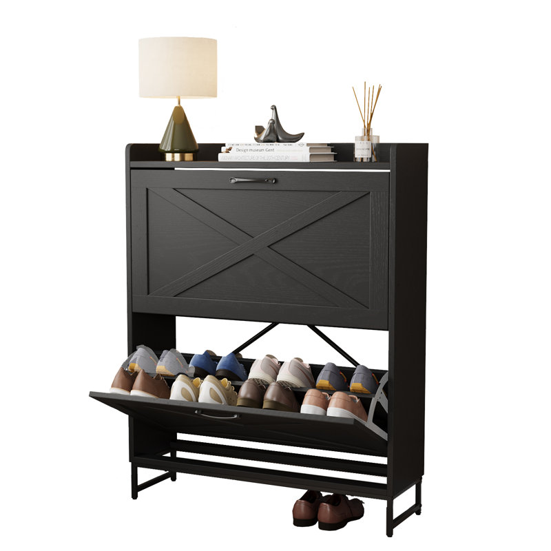 16 Pair Shoe Storage with 2 Smooth Flip Draws and Adjustable shelves，Farmhouse multi-Functional Shoe Cabinet  for Entryway, Narrow Space