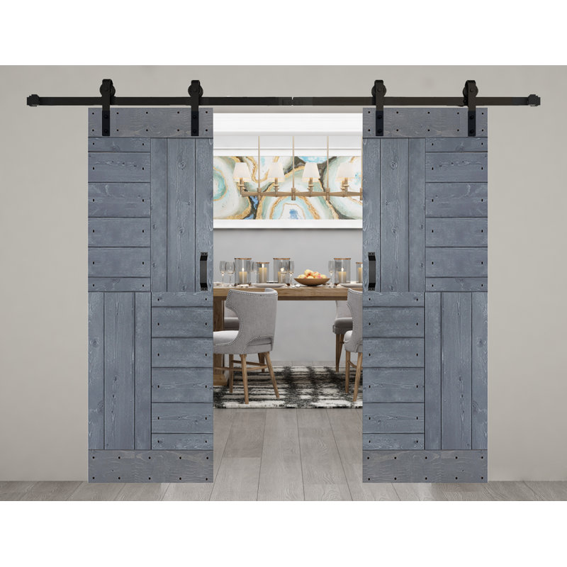 Porte de grange coulissante double en bois massif avec trousse de quincaillerie brevetée S Series - assemblage requis