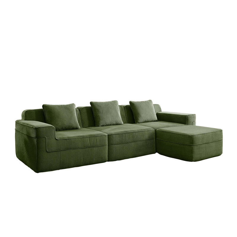 Corduroy Modern 3-Seat Deep Seat Boneless Sofa With 3 Throw Pillows & 1 Movable Ottoman, Green