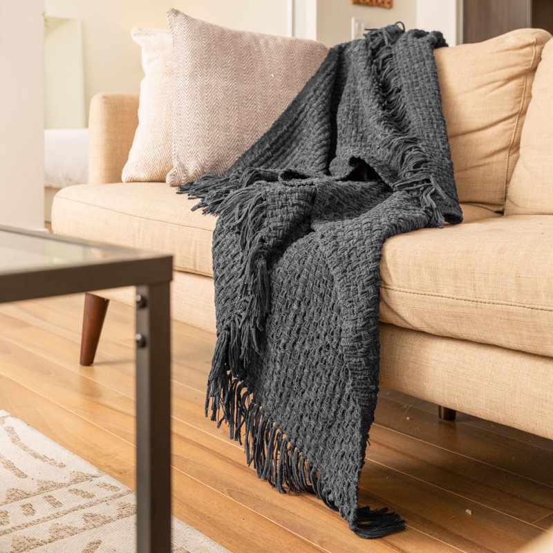 Jeté en chenille façon vannerie, Gris anthracite