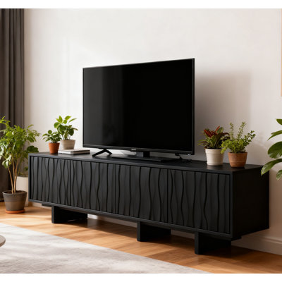 Meuble télé en grain de bois de style rétro avec porte ondulée pour la télévision jusqu'à, console multimédia rustique avec amplement d'espace de rangement, meuble télé avec base robuste avec gestion des câbles pour le salon, la chambre à coucher, noir