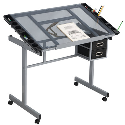 Table à dessin réglable, plateau de 0 à 70 degrés, 2 tiroirs en tissu, 4 roues universelles silencieuses, surface en verre transparent, structure en acier thermolaqué, gris argenté, largeur de 23,69 po, hauteur de 29,99