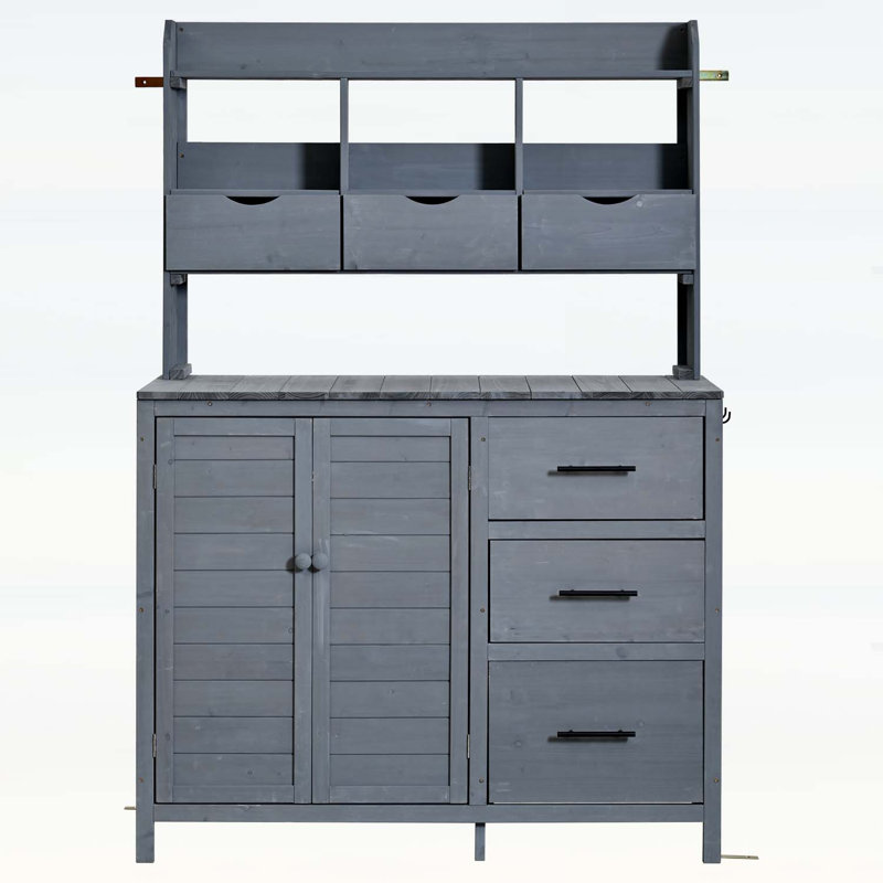 Farmhouse Patio Kitchen Island with 6 Drawers,Bottom Cabinet,and Side Hooks for Ample Storage and Versatility, Gray