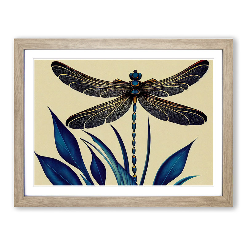 Dragonfly Art Deco - Single Picture Frame Print, Oak Framed, 25cm H x 34cm W x 2cm D