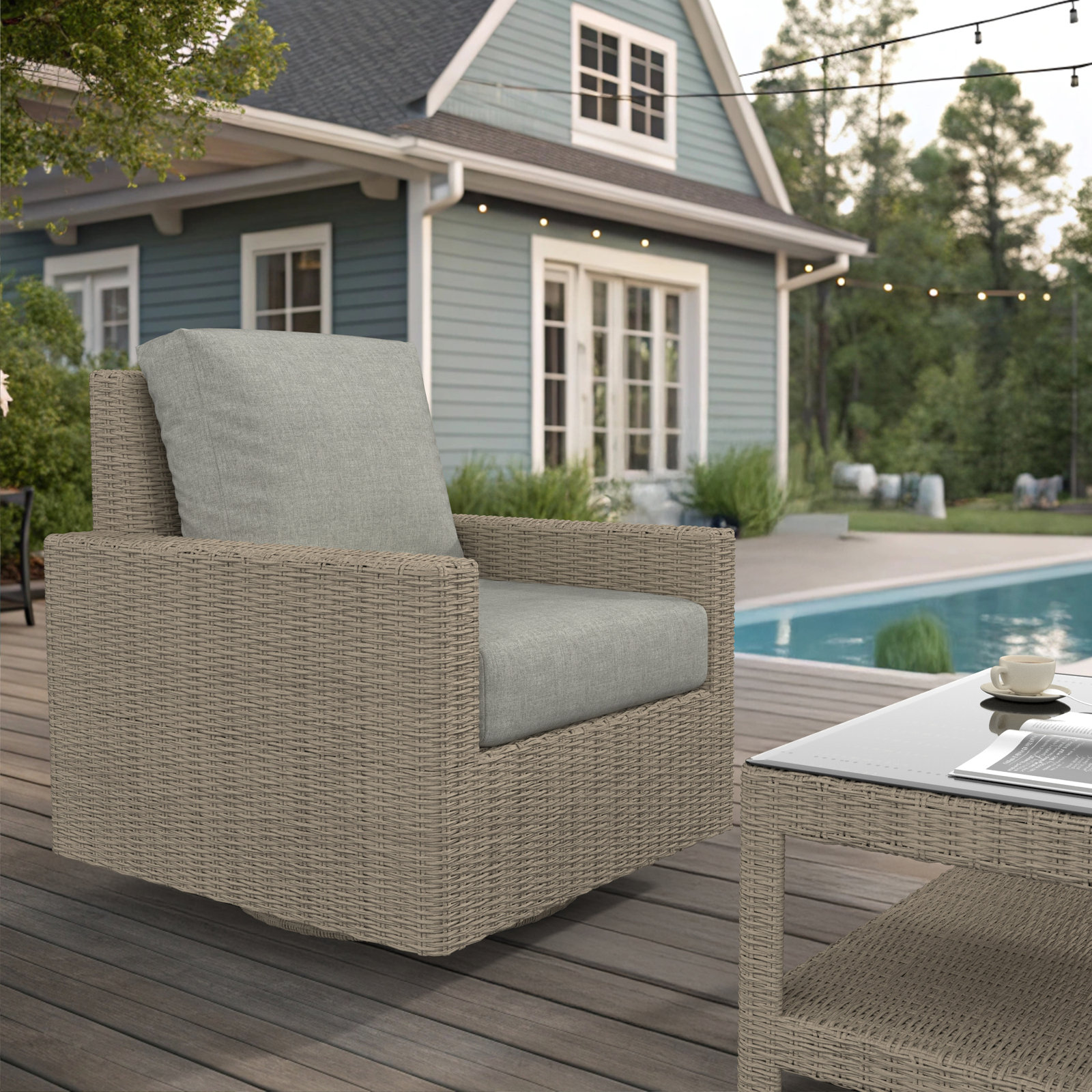 Outdoor Swivel Chair With Sunbrella Cushions, Canvas Granite, Solid Color