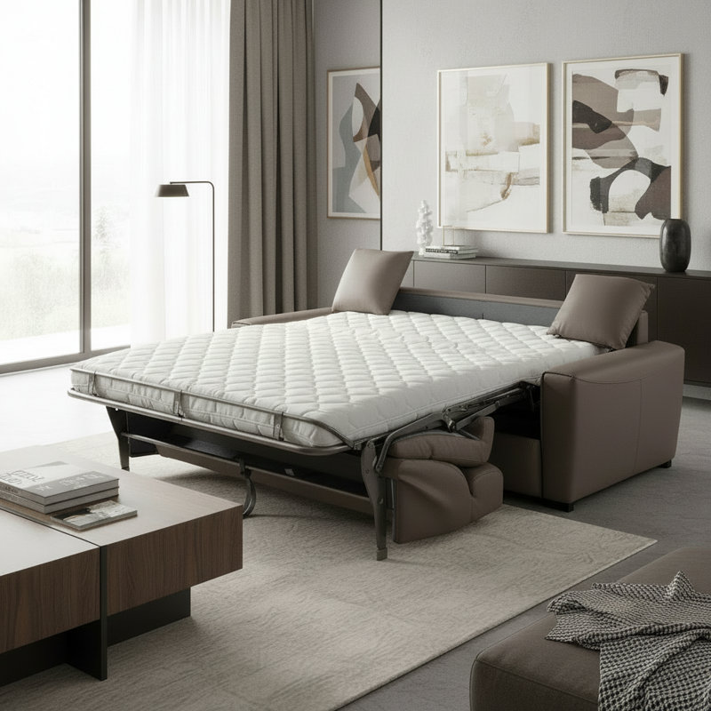 Capozzi 85" Genuine Italian Top Grain Leather Queen Sleeper Sofa Bed with Memory Foam Mattress