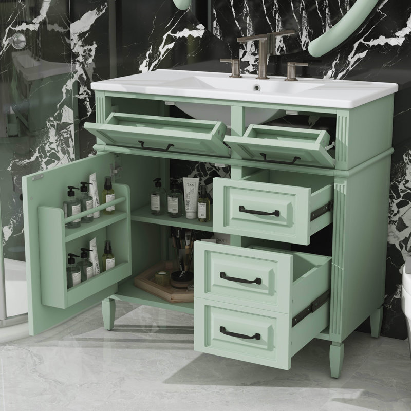 Meuble-lavabo autoportant de 36 pouces avec comptoir en céramique - structure en bois massif, armoire en panneau de fibres à densité moyenne, tiroir rabattable, tablette réglable, poignées en métal