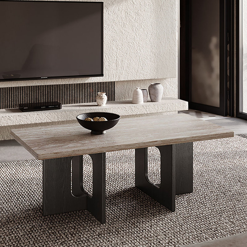 Wabi-sabi Stone Top Single Coffee Table, 17.7" H x 47.2" L x 23.6" W, Black
