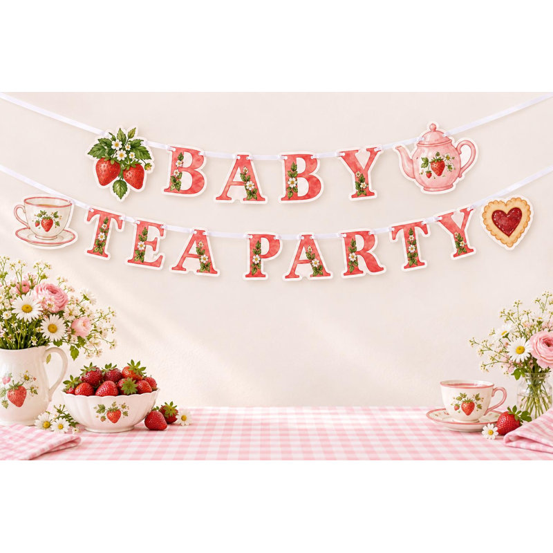 Bannière de fête de naissance Strawberry Tea Party, guirlande de théière rose, décor de jardin Berry