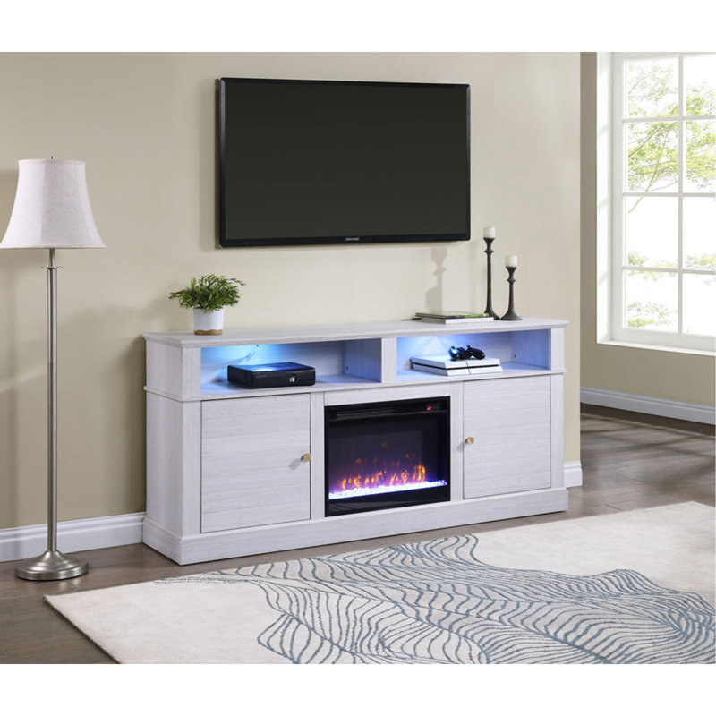 Console avec foyer et chauffage Iris, Blanc + noyer, Mdf