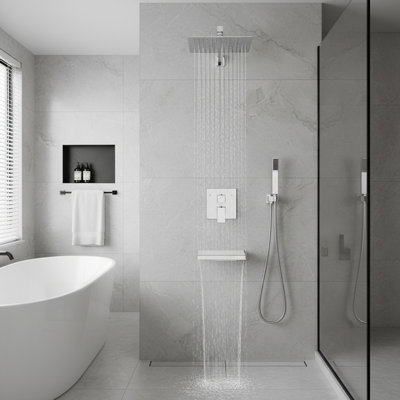 Rain Shower System Chrome, Tub Shower Faucet Set 10 Inch Square Rainfall Shower Head With Handheld Sprayer And Waterfall Tub Spout Pressure Balance