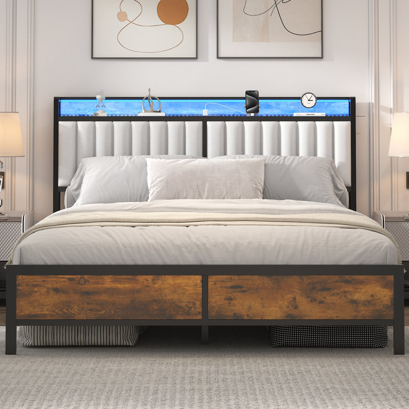 Metal Queen Bed Frame with Functional Headboard, White