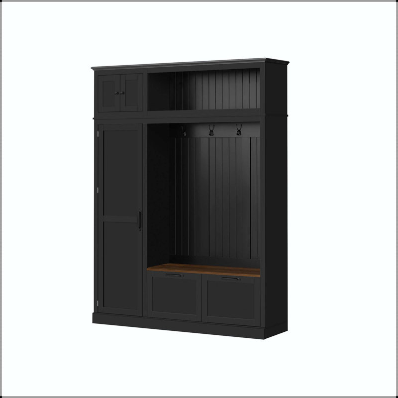 3-in-1 Hall Tree with Overhead Cabinet, 3 Adjustable Side Shelves & 4 Hooks, Black