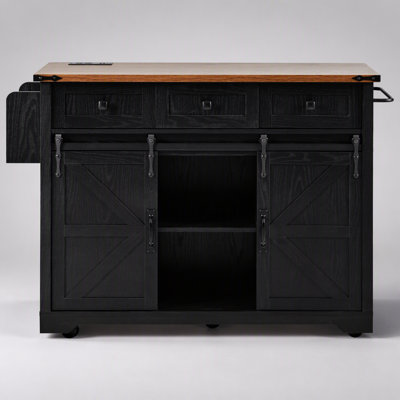 Farmhouse Kitchen Island with Power Outlet, Sliding Barn Door, Drop Leaf and Spice Rack, Black