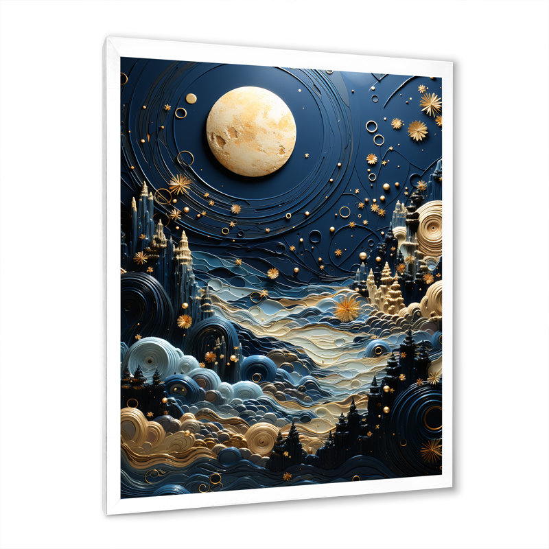 Reproduction d'art sur toile dorée Uranus Moonlight Mirage III, Cadre simple blanc, H 32 po x l 16 po x P 1 po