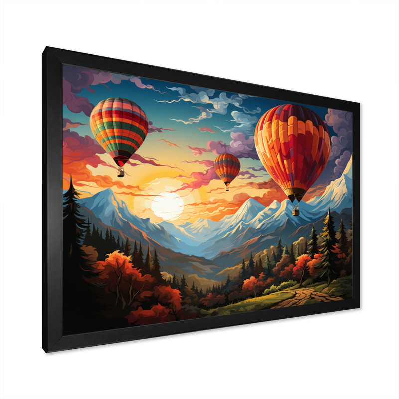 " Colourful Hot Air Ballon Colourful ", 12" H x 20" W x 1" D, Black Picture Framed