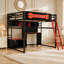 Lit mezzanine double en bois avec bureau, tablettes, lumières DEL, ports USB et panneau perforé, noir et rouge