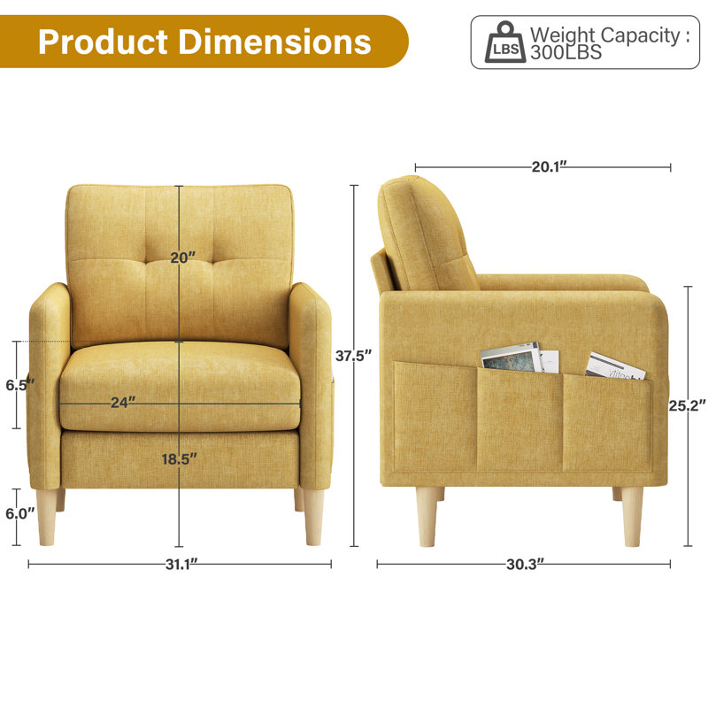 Ensemble de 2 fauteuils capitonnés en chenille avec poches de rangement George, Jaune
