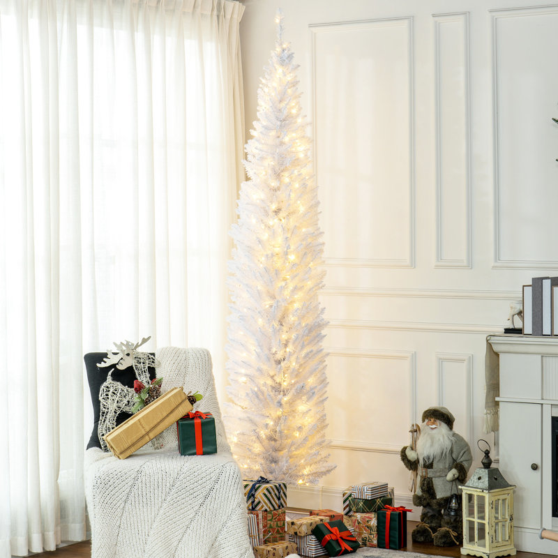 Arbre de Noël mince de 8 pi avec 300 lumières blanches chaudes, 618 pointes, blanc, flamme, délicieuse activité pelucheuse, solution de rangement peu encombrante, grande expérience artificielle, feu et charme, pratique