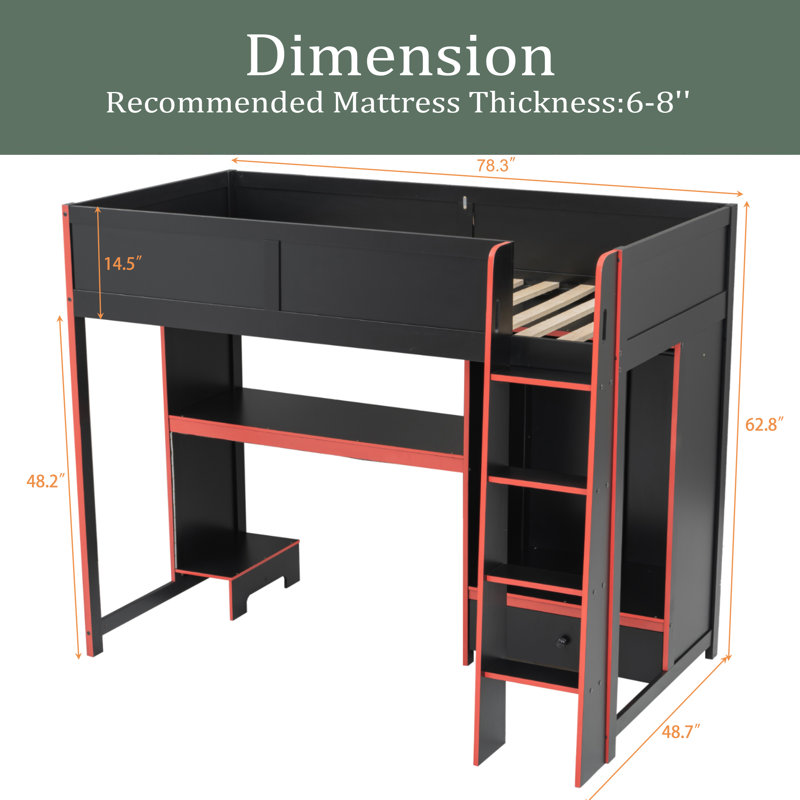 Lit mezzanine en bois avec bureau intégré, garde-robe, DEL et tiroir, Simple