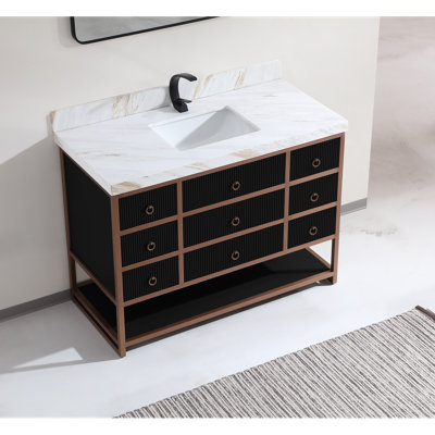 48" Vanity With Golden Brush Stainless Steel Frame And Tricorn Black Finish With 2' Thick Natual Stone Top